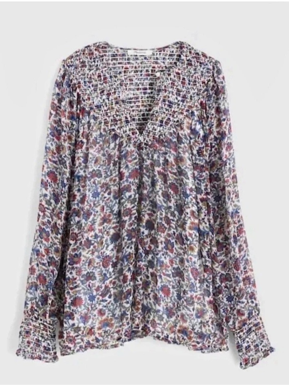 Madewell Smocked Split Crewneck Top in Floral Breeze Floral Blouse in Blue & Red